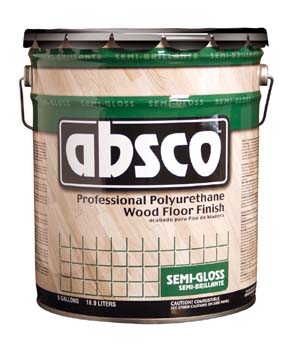 ABSOLUTE COATINGS 89205 ABSCO POLYURETHANE WOOD FLOOR FINISH SEMI GLOSS 450  VOC SIZE:5 GALLONS.